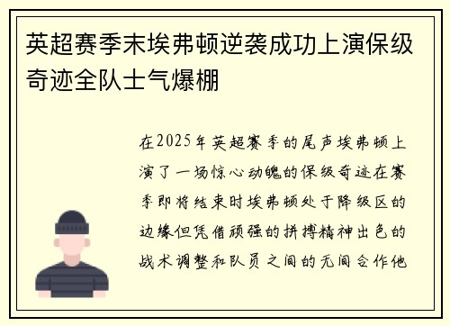 英超赛季末埃弗顿逆袭成功上演保级奇迹全队士气爆棚